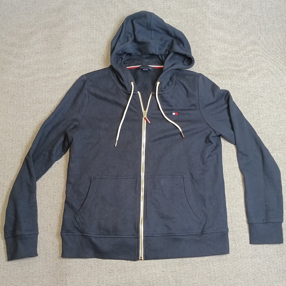 Tommy Hilfiger Full Zip Hoodie Womens M Navy Blue Excellent French Terry Logo